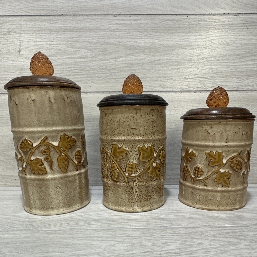 Hobby Lobby Rustic HEAVY Ceramic Canister Set 3pc w/ Wood Lid Amber Knob *Defect